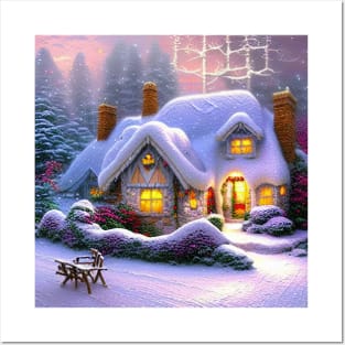 Magical Fantasy Cottage with Lights In A Snowy Scene, Scenery Nature Posters and Art